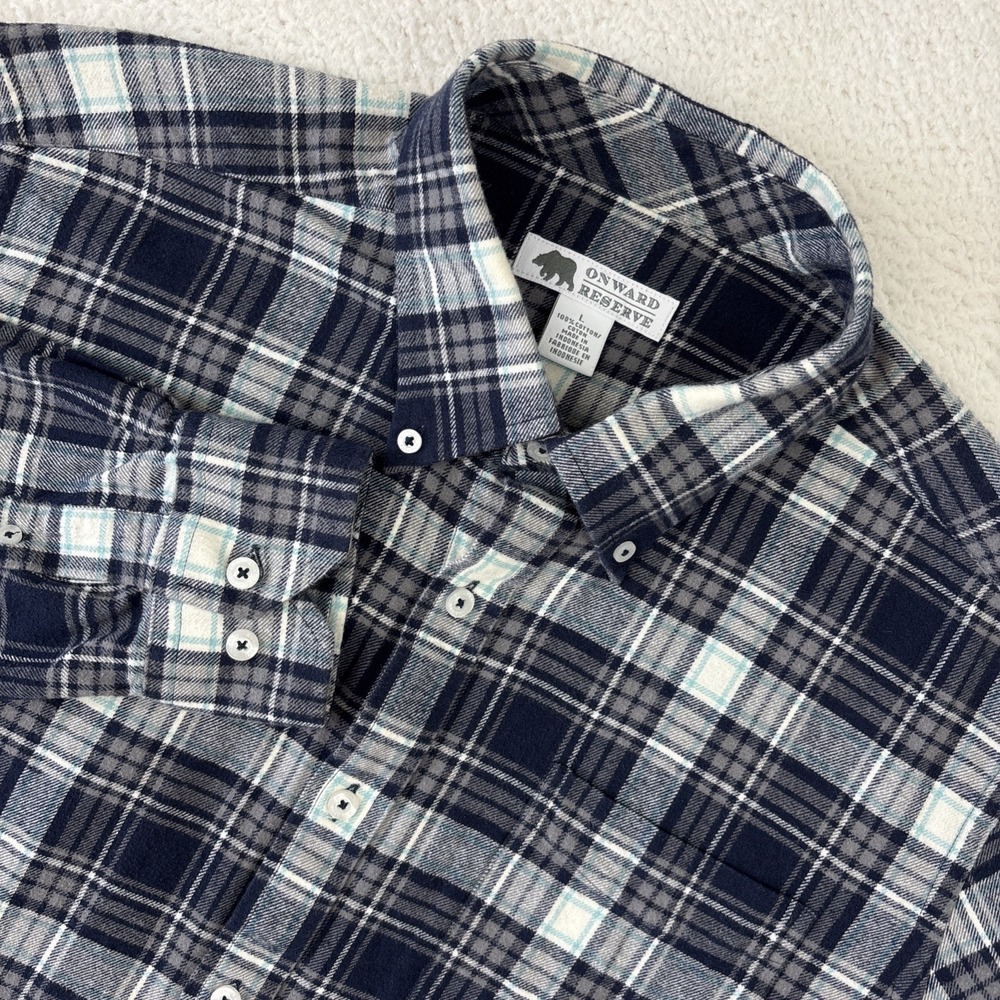 ONWARD RESERVE Mens Large Flannel Shirt Blue‎ Plaid Long Sleeve Button Down Prep
